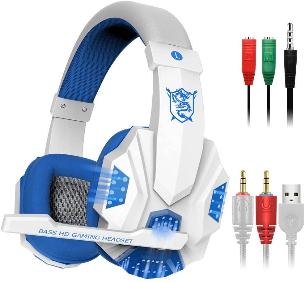 Gaming Headset for Laptop Computer, Cellphone, PS4 and so on, maxin 3.5mm Wired Noise Isolation Gaming Headphones with Mic and LED Light- Volume Control.(White and Blue)