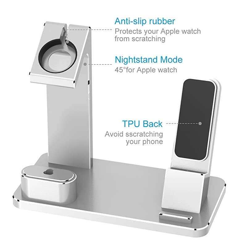 Phone Charging Dock Aluminum 4 in 1 AirPods Charging Stand Accessories Station Holder for Apple Watch 4 3 2 1 AirPods Phone Xs X Max XR 7 7plus 6s 6plus iPad Mini Silver