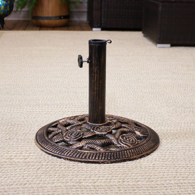 Sunnydaze Outdoor Heavy-Duty Cast Iron Decorative Rose Blossom Design Patio Yard Round Umbrella Base Stand - 16" - Bronze