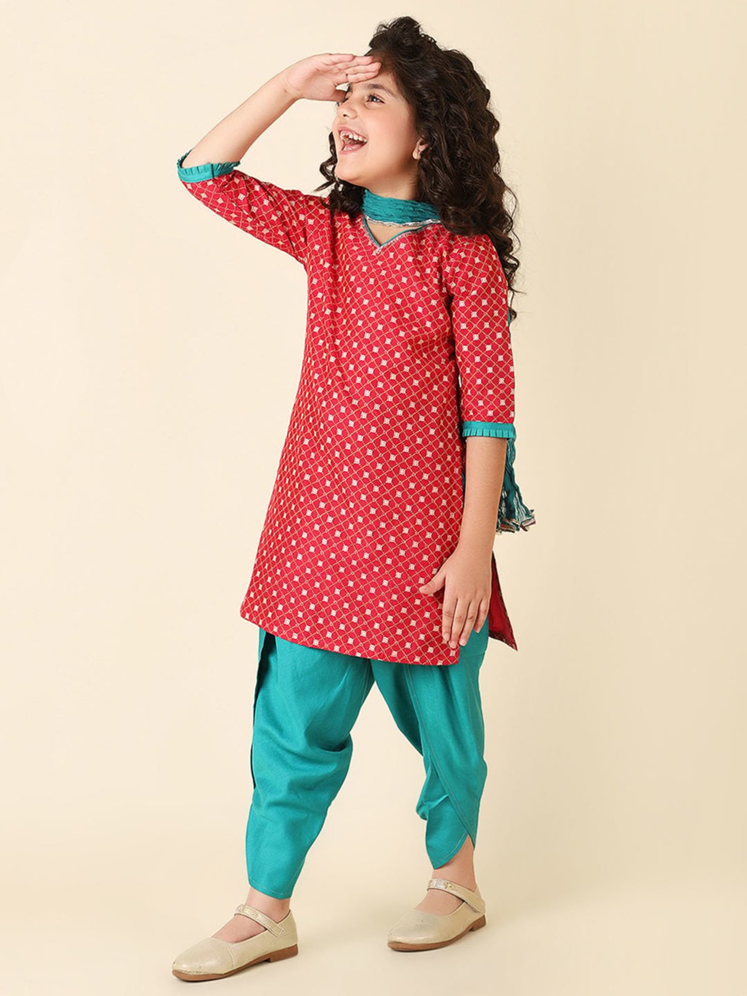 Fabindia Kids Magenta & Green Printed Kurta, Dhoti with Dupatta