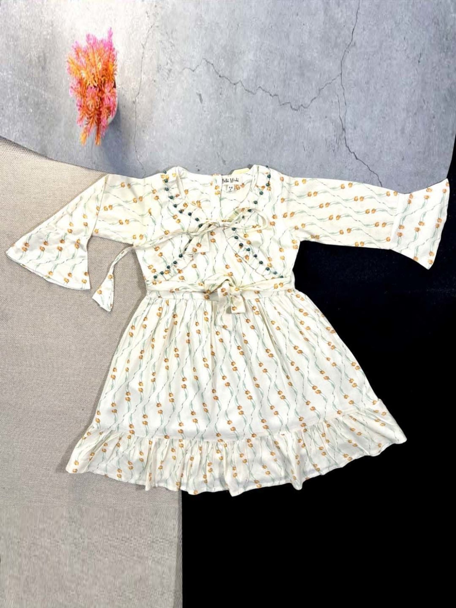 Bella Moda Kids White Cotton Floral Print Full Sleeves Dress