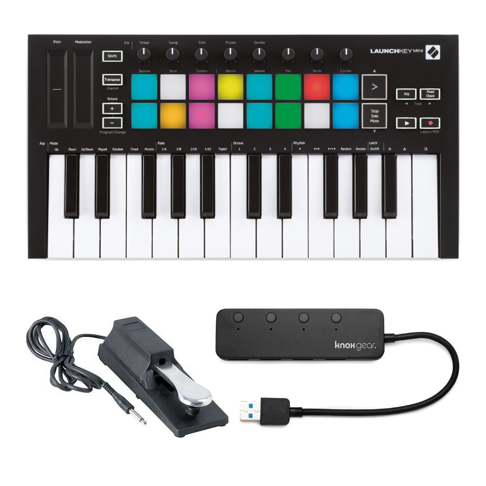 Novation Launchkey MK3 25 Mini-Key Keyboard w/ Sustain Pedal and USB Hub Bundle