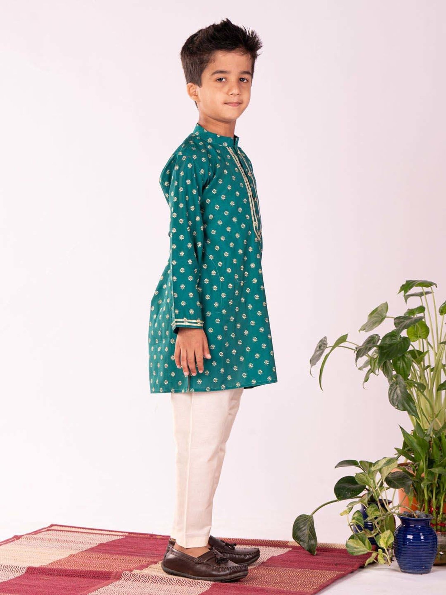 VASTRAMAY Boys Green & Cream Printed Full Sleeves Kurta Sets