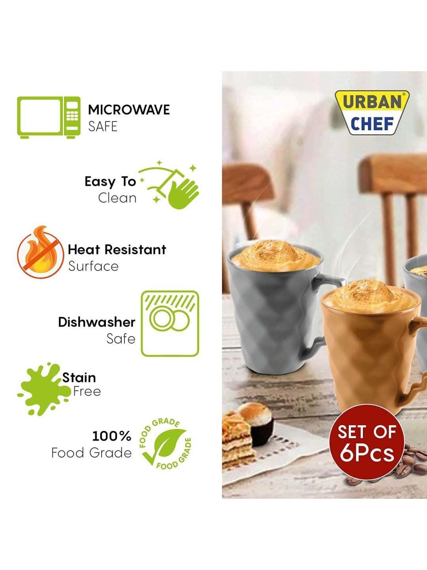 Urban Chef Grey & Brown Ceramic Microwave Safe Coffee Mug (0.225 L) - Set of 6