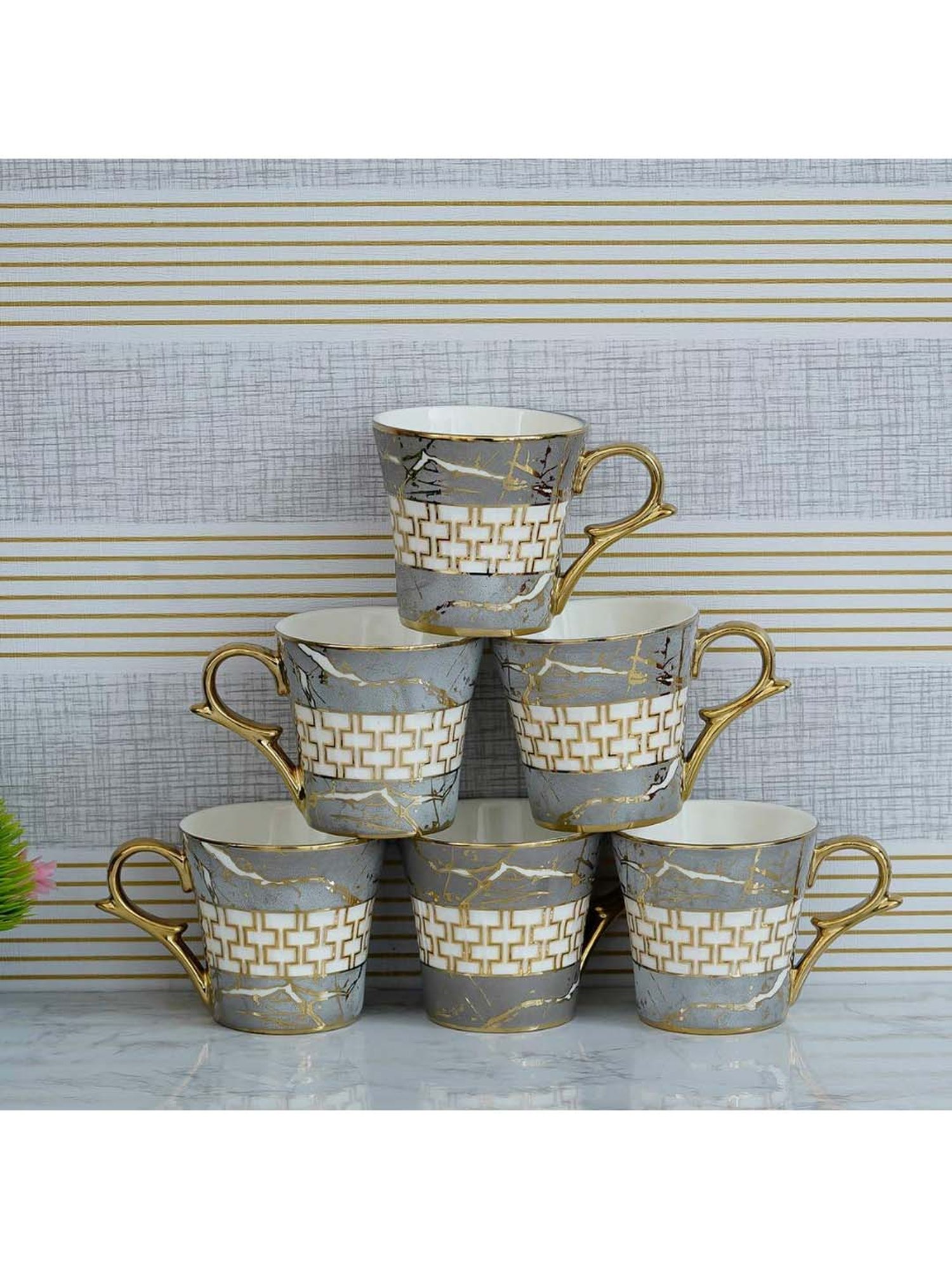 Femora Grey & Gold Ceramic Coffee Mugs (155 ml) - Set of 6