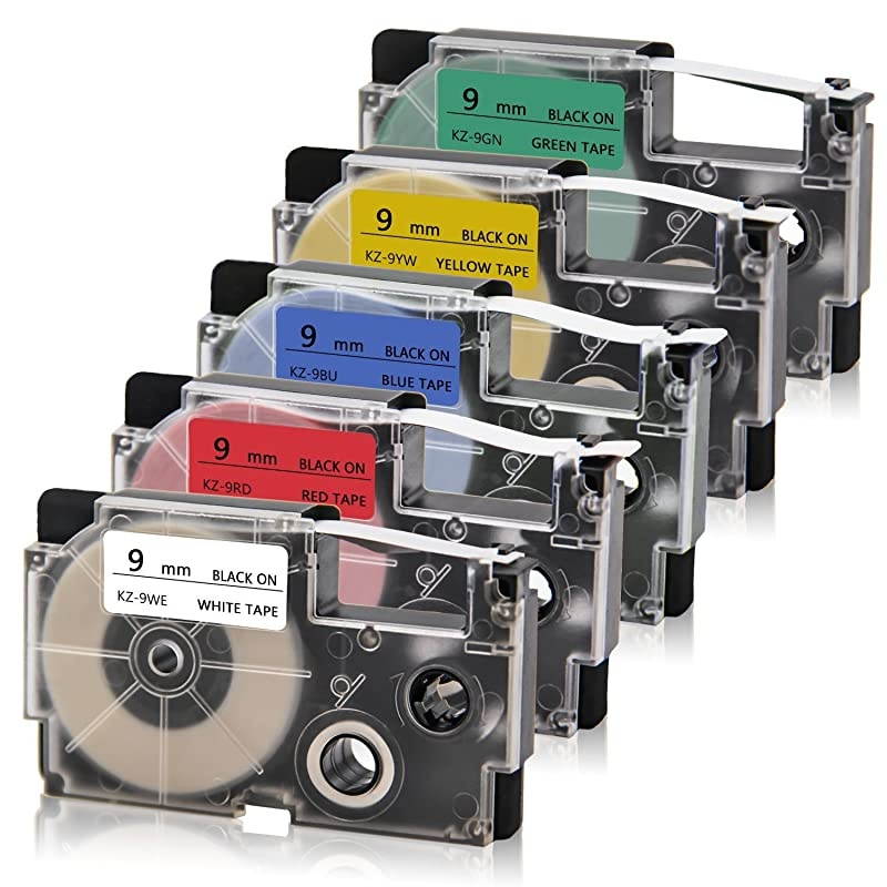 Compatible Label Tape Replacement for XR-9WE XR-9RD XR-9BU XR-9YW XR-9GN Tape Cassette for Casio KL-60 KL-100 KL-120 KL-750 KL-780 KL-7000 KL-8100 Label Maker, 3/8" x 26', 9mm x 8m, 5-Pack