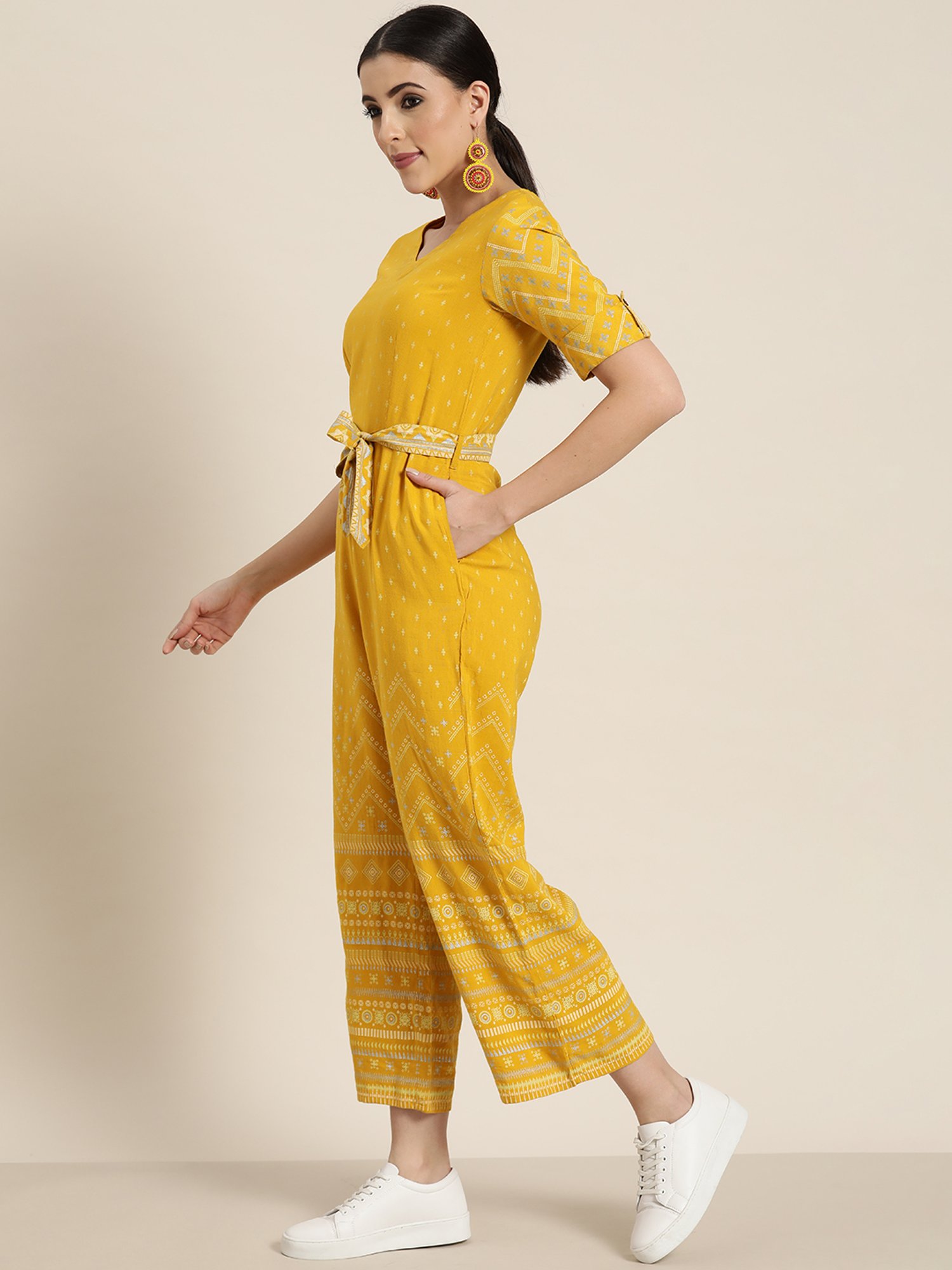 Juniper Mustard Ethnic Motif Printed Rayon Flex Jumpsuit