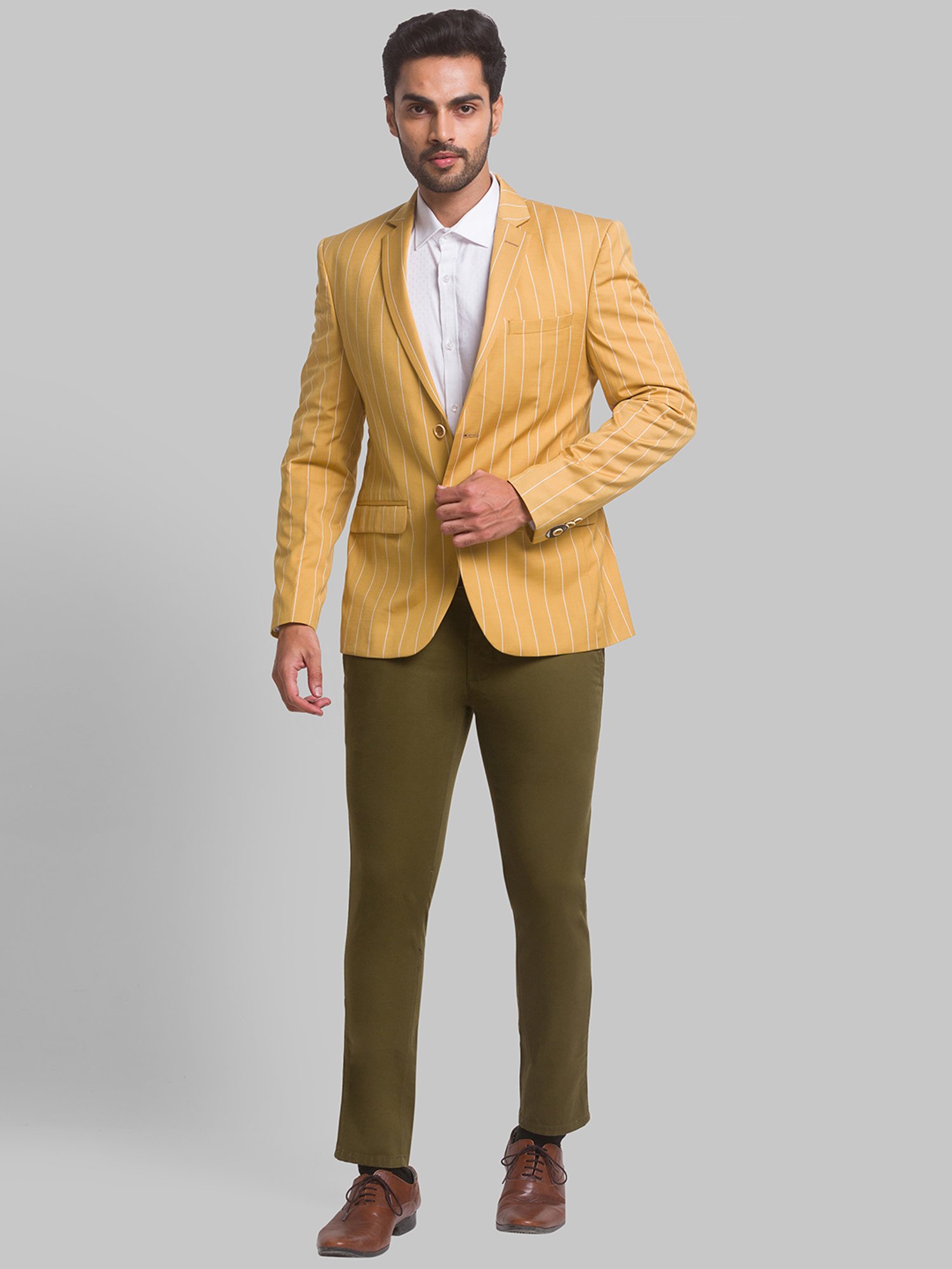 Park Avenue Yellow Regular Fit Striped Blazer