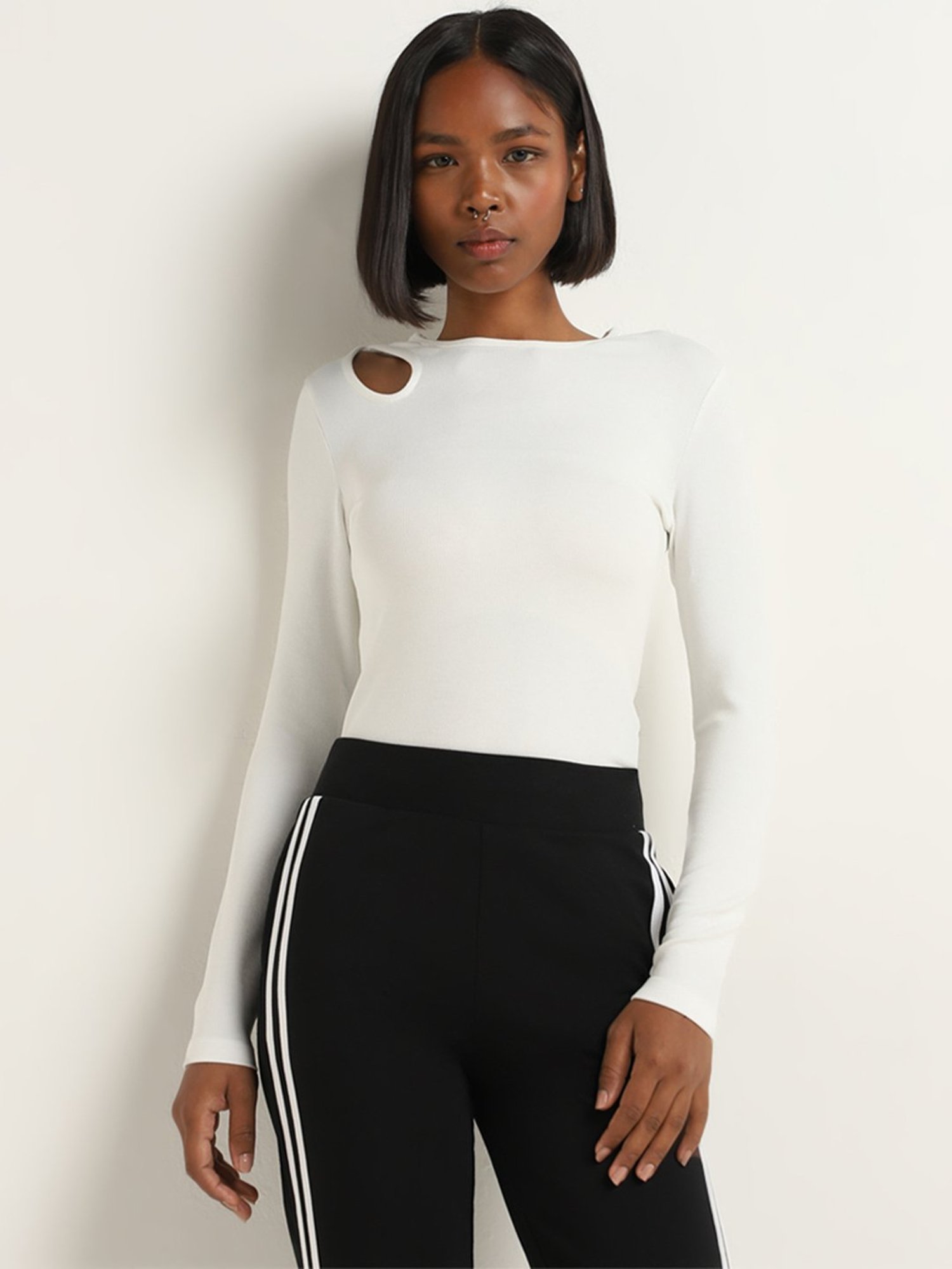 Studiofit by Westside Off-White Cut-Out Design Ribbed T-Shirt