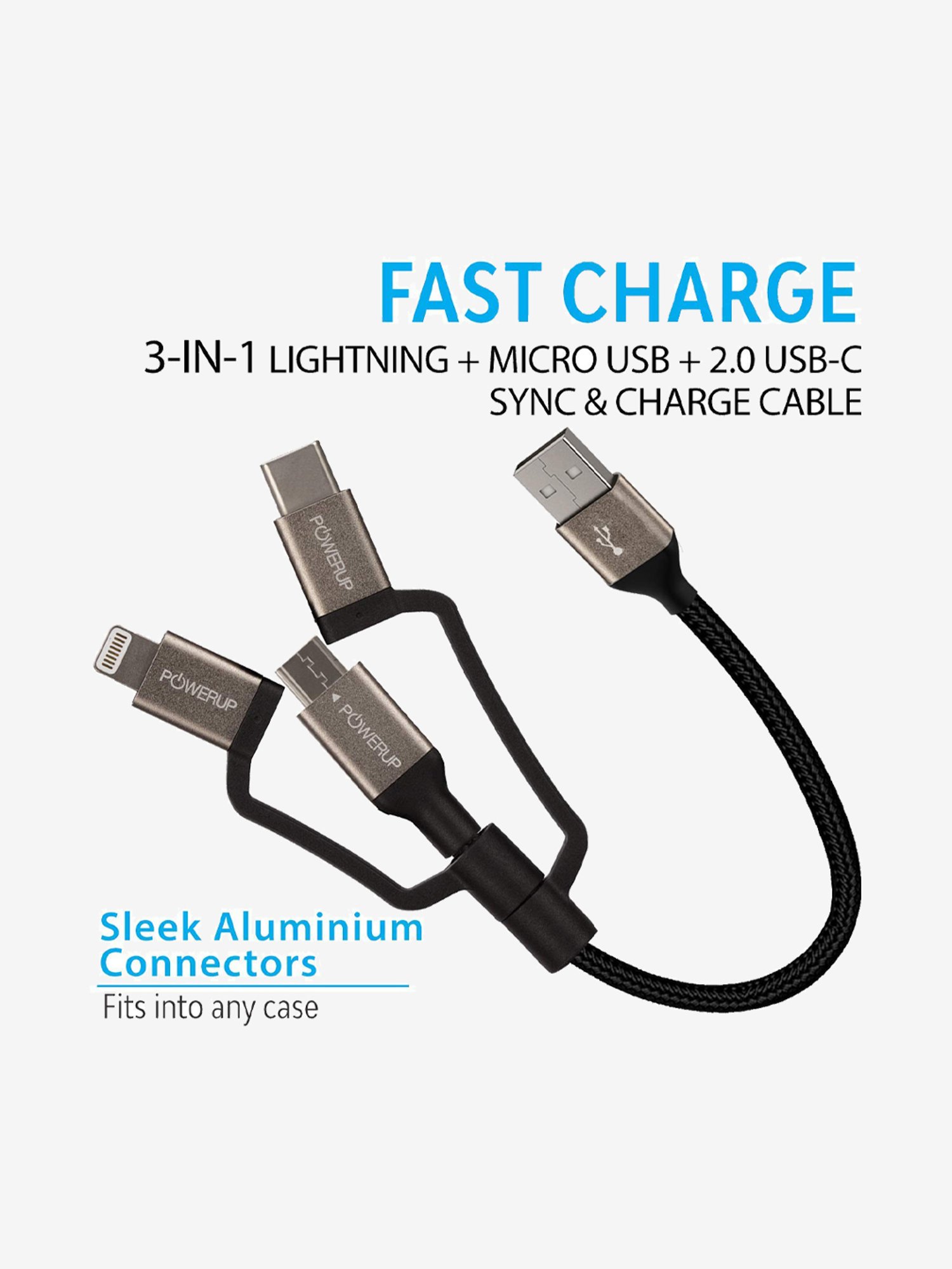 Powerup 12cm USB To Lightning/Type C/Micro MFi 3in1 Sync And Charge (Black)