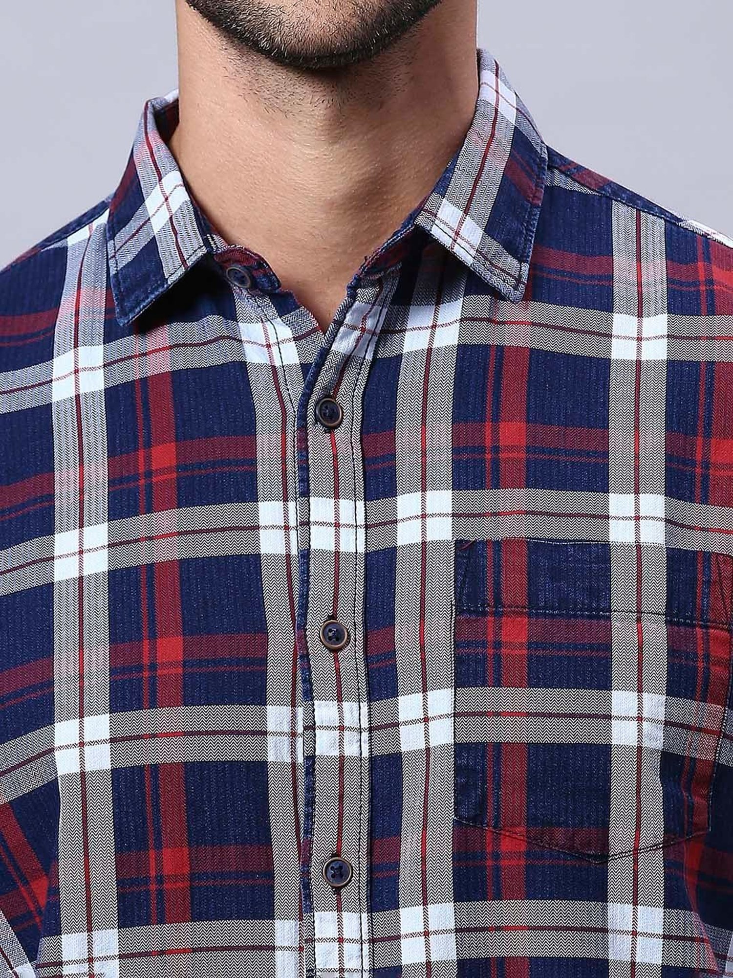 HJ HASASI Blue Slim Fit Check Cotton Shirt