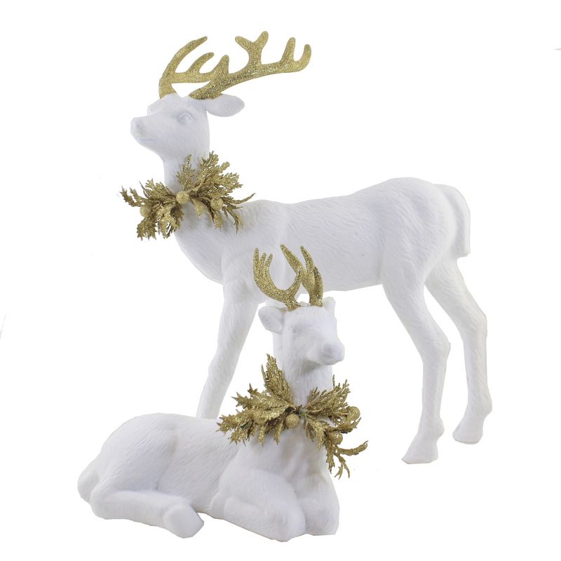 Christmas 17.25" Ivory Flocked Deer Flocked Gold Accents  -  Decorative Figurines