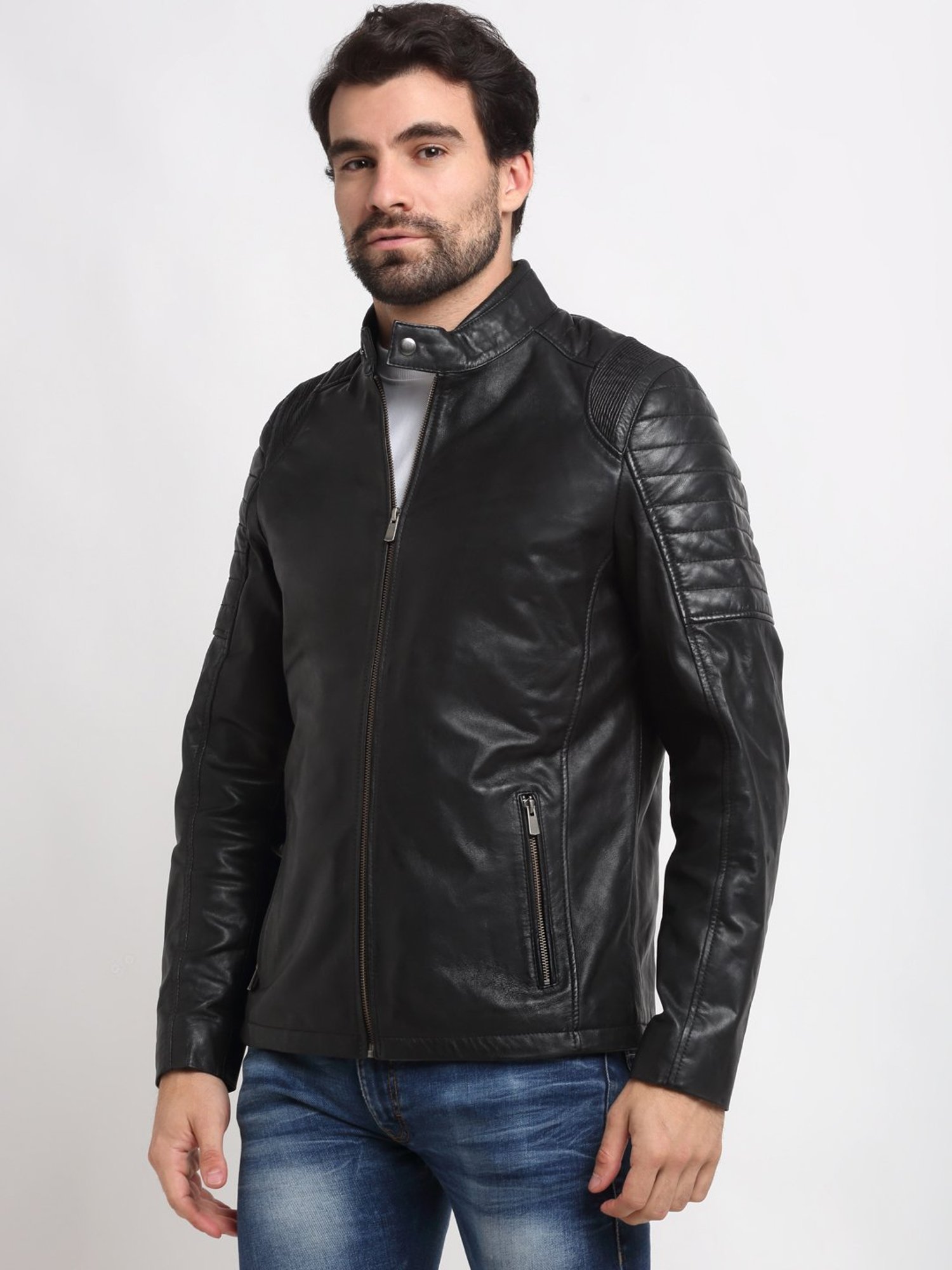 Teakwood Leathers Black Mandarin Collar Leather Jacket
