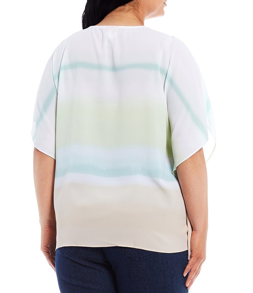 Ruby Rd. Plus Size Seabreeze Ombre Stripe Keyhole Round Neck Short Sleeve Stretch Crepe Box Top