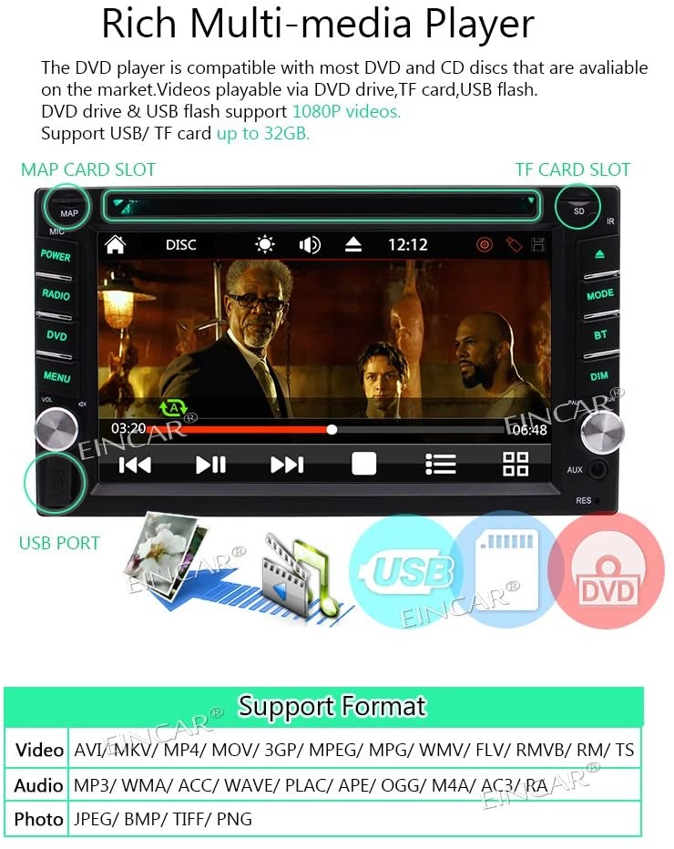 2 Din Car Stereo Car Deck Audio Radio Headunit 6.2" LCD TFT in Dash DVD Player with DVD/CD/MP3/MP4/USB/SD/BT GPS Navigation with Free 8GB GPS Map Card Support SWC &Wireless Rearview Camera