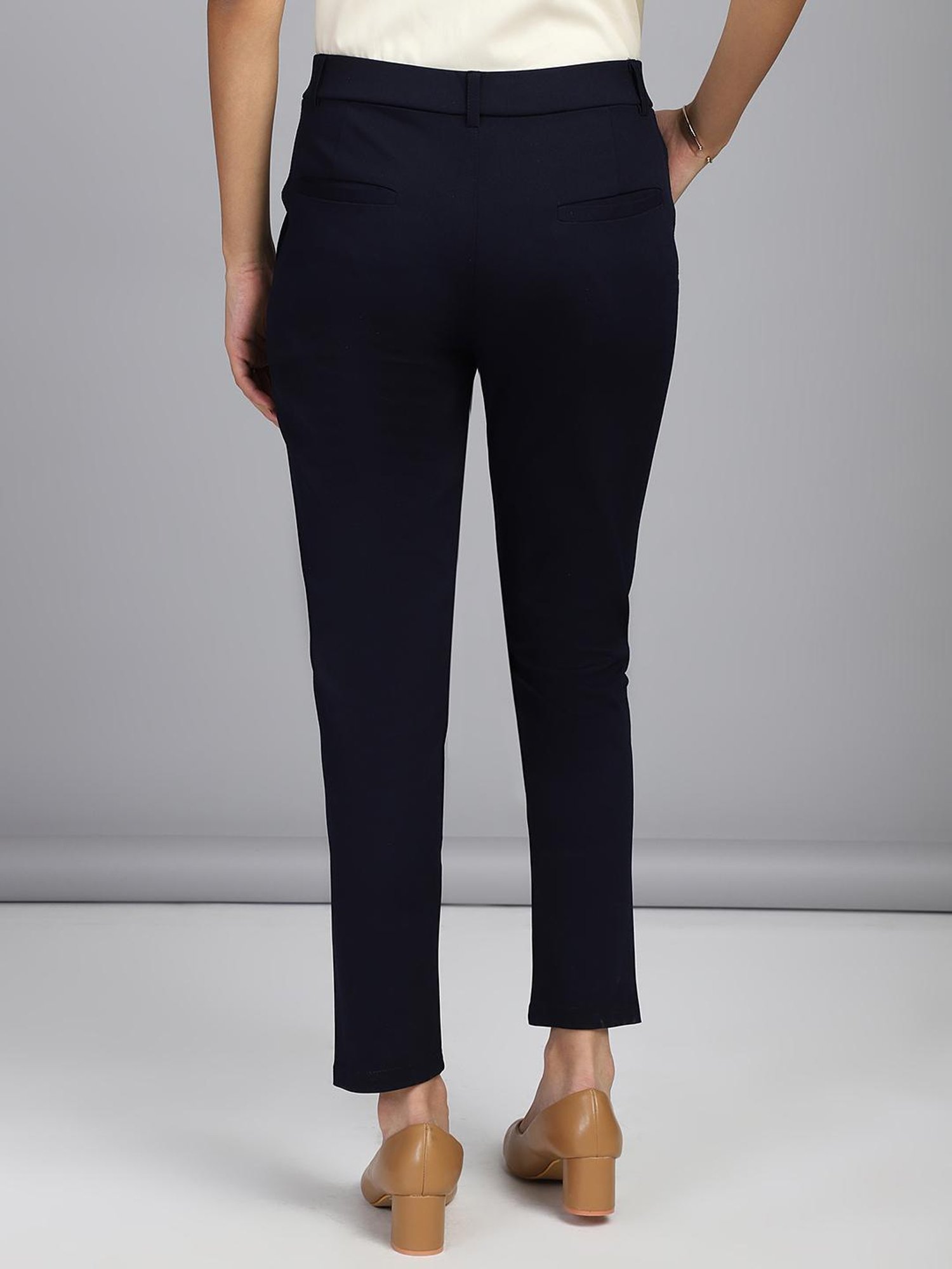 FITHUB Navy Skinny Fit High Rise Formal Trousers