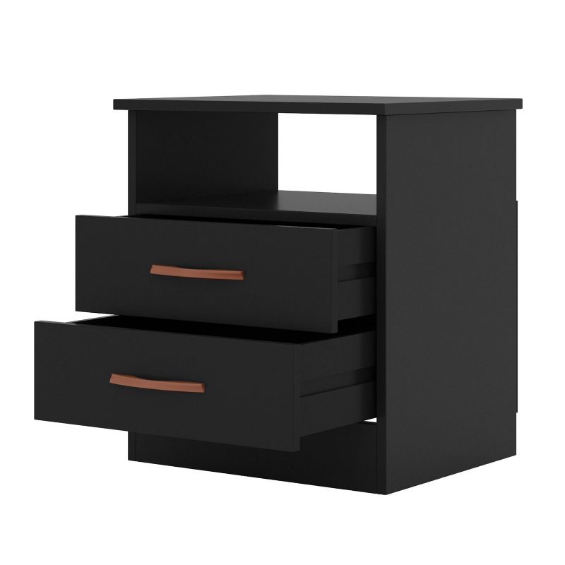 Wooden End Side Table Nightstand with 2 Drawers and 1 Open Compartment Black - The Urban Port