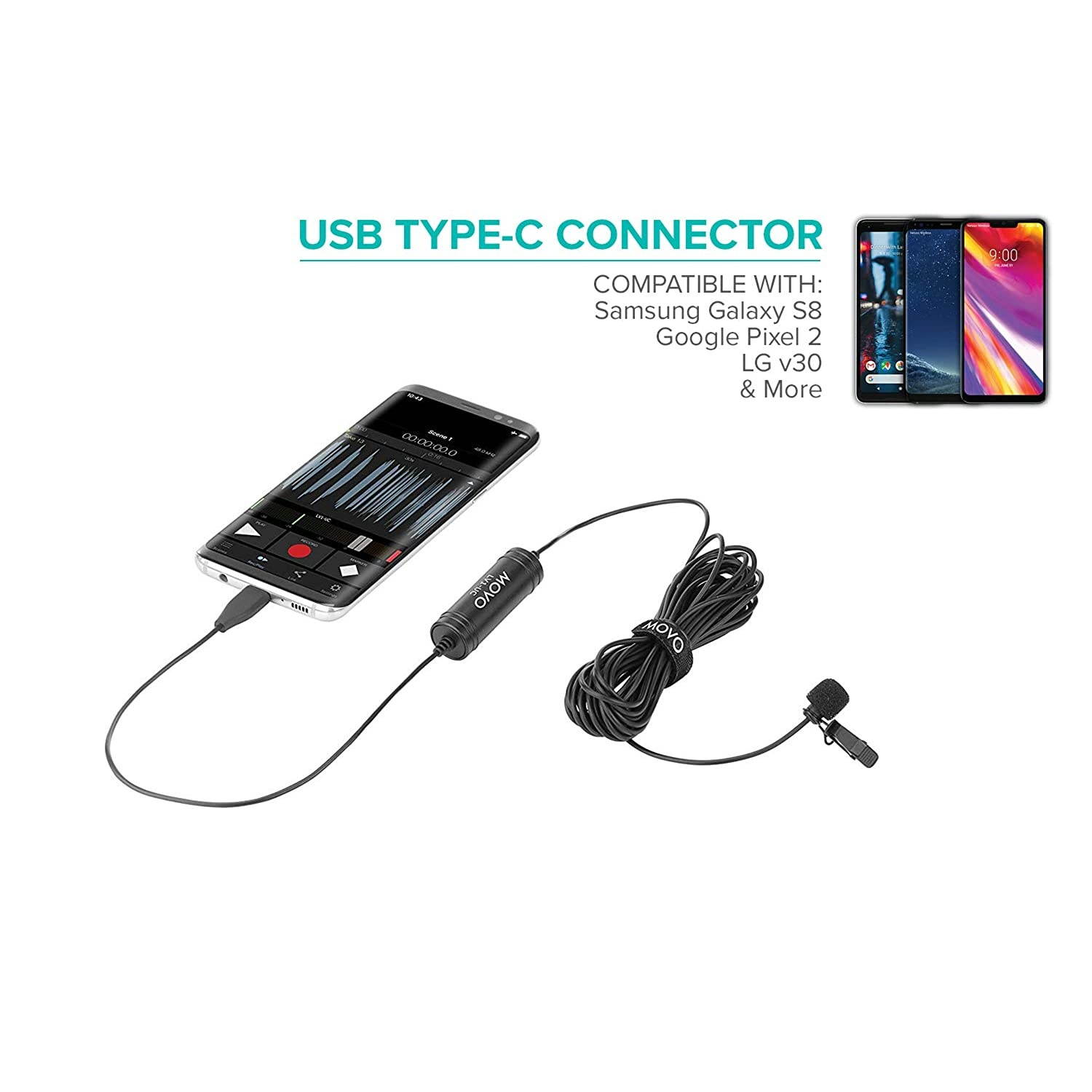 Movo LV1-UC Digital Lavalier Omnidirectional Clip-on Microphone with USB Type-C Connector Compatible with iPad Pro, Samsung Galaxy, LG, HTC Google Pixel, Google Nexus, Other USB-C Type Smartphones