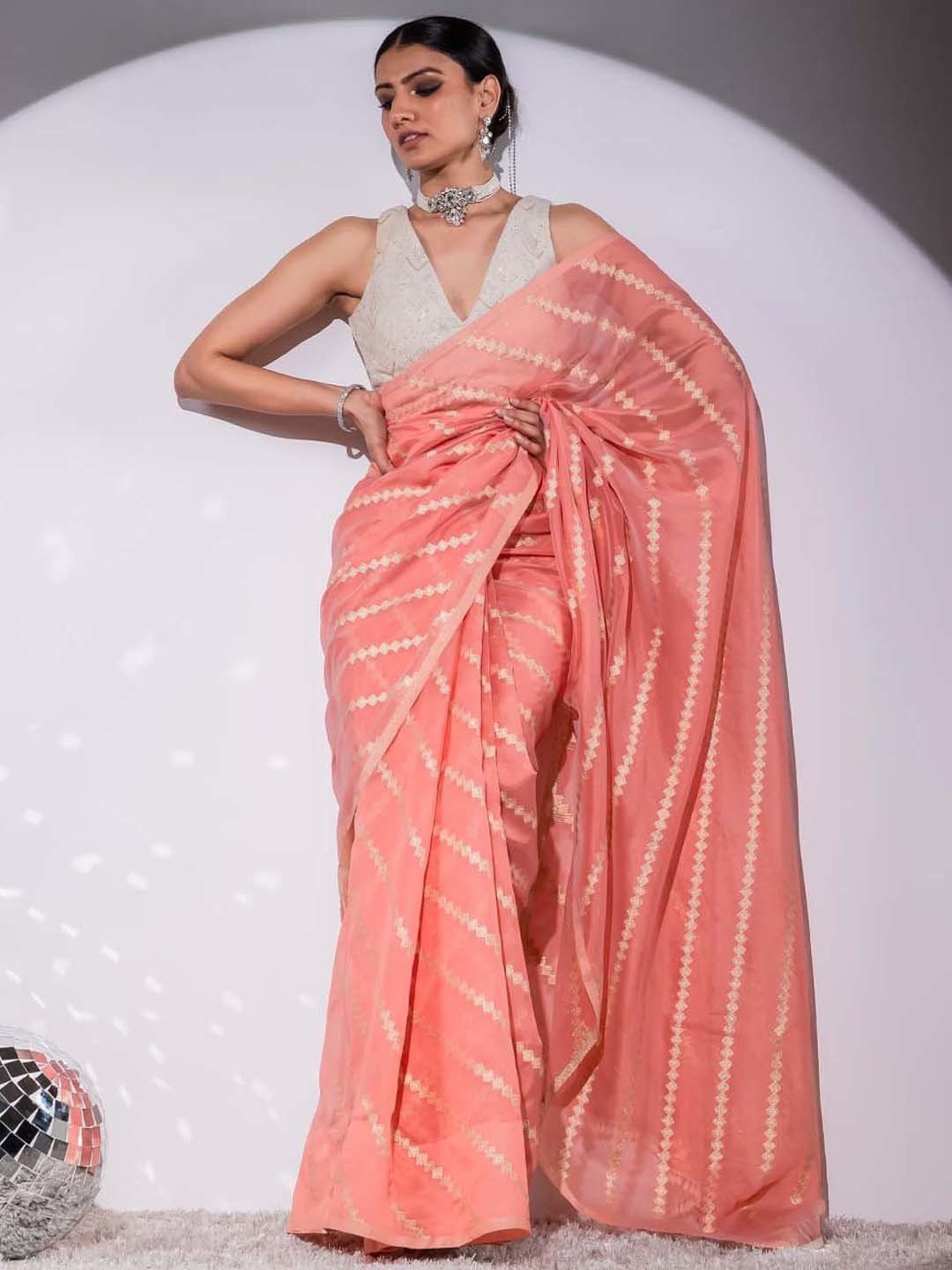 Swtantra Blush Peach Organza Woven Saree With Unstitched Self Blouse