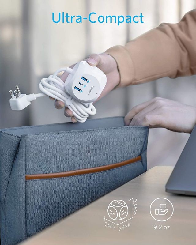 Poweradd Power Strip with USB C Power Delivery 18W, Travel Power Strip Mini with 3 Outlets, 18W USB C & QC 3.0 USB A Port, 5ft Cord, Flat Plug for Cruise Ship, Hotel, Dorm Room and Home,White