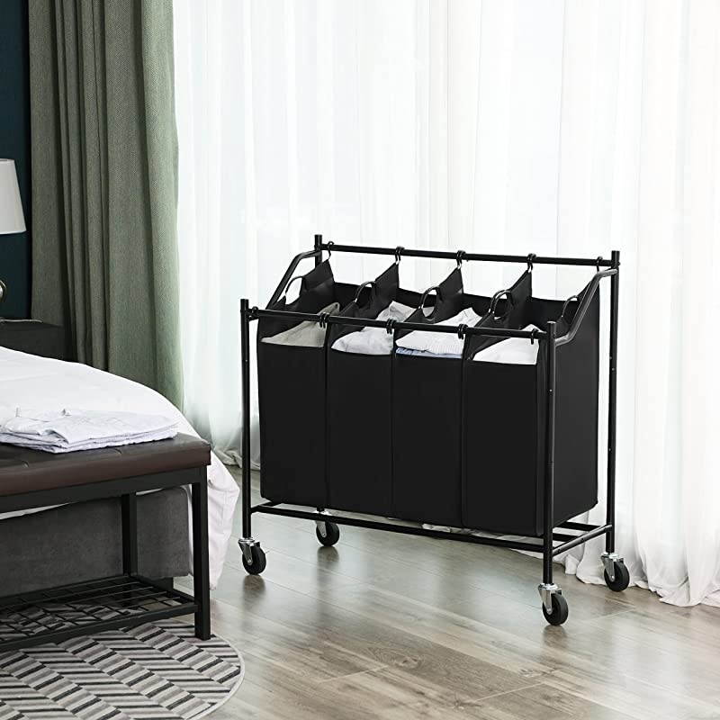 Rolling Laundry Cart Sorter with 4 Removable Bags Casters and Brakes Black