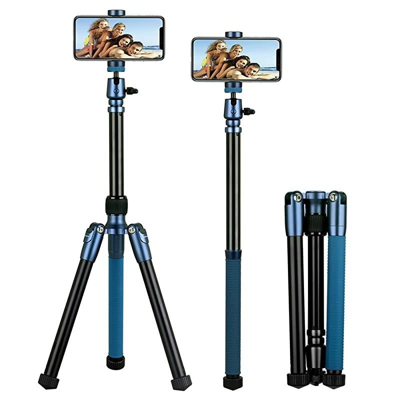 Compatible for Camera Phone Compact Aluminum Tripod,56 Inch 1.87lbs Portable Lightweight Tripod Monopod Stand with Ball Head Phone Grip and Carry Bag for DV Canon Nikon Sony DSLR Cameras (Blue)