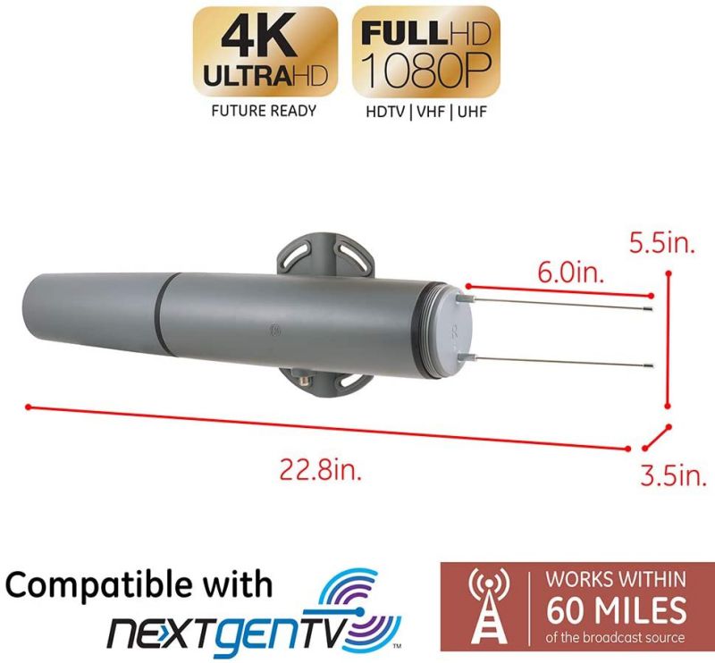 GE Outdoor / Attic Mount Amplified TV Antenna, Long Range, Supports 4K 1080P VHF UHF, 60 Mile Range, Amplifier Signal Booster, Digital HDTV Antenna, 34560