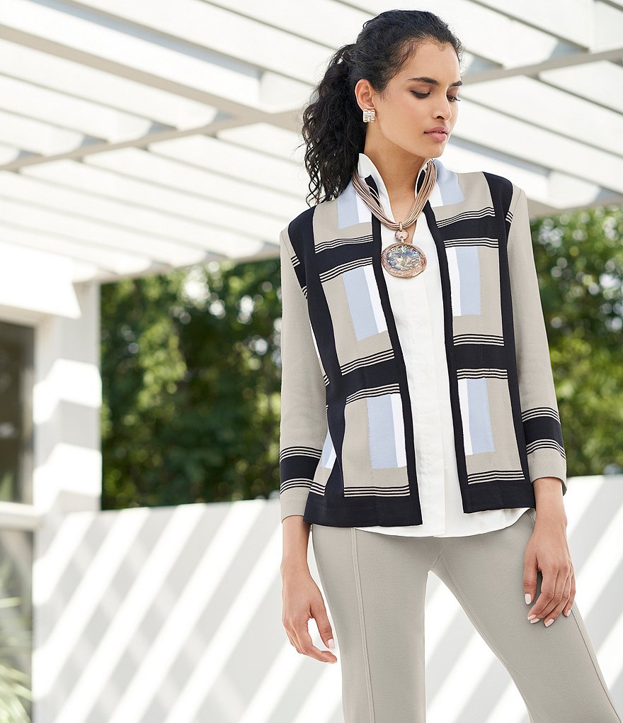 Misook Long Sleeve Funnel Neck Colorblock Plaid Jacket