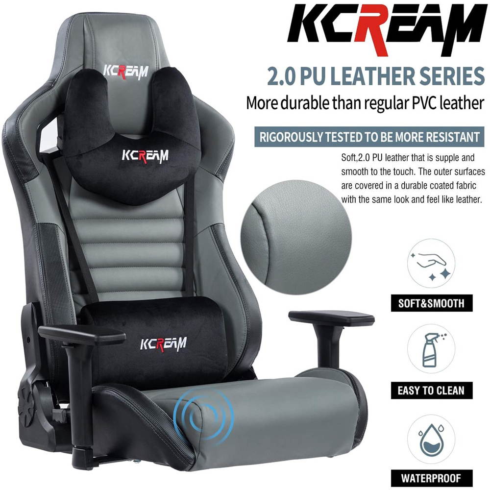 KCREAM PU Big and Tall Ergonomic Gaming Chair, Adjustable High Back Swivel Computer Chair Headrest Lumbar Support 400lbs Reclining Office Desk Chair for Adlut