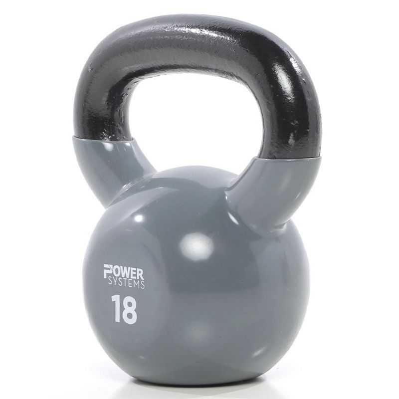 Power Systems Premium Vinyl Covered Cast Iron Kettlebell Prime Home Gym Exercise Weight Training Accessory, 18 Pounds, Gray