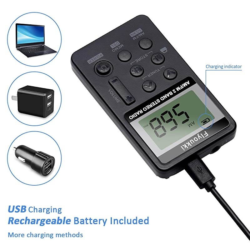 Pocket Small Radio by  Personal Mini AM FM Portable Digital Tuning Transistor Radios with Best Reception Earphones Lanyard and Rechargeable Battery for Walking Jogging Exercising Black