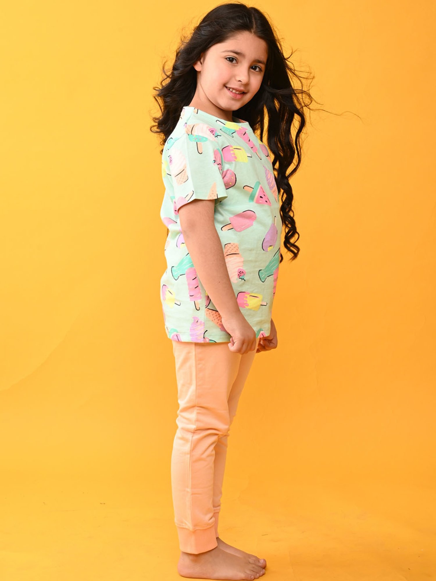 Anthrilo Girls Blue & Peach Cotton Printed T-Shirt Set