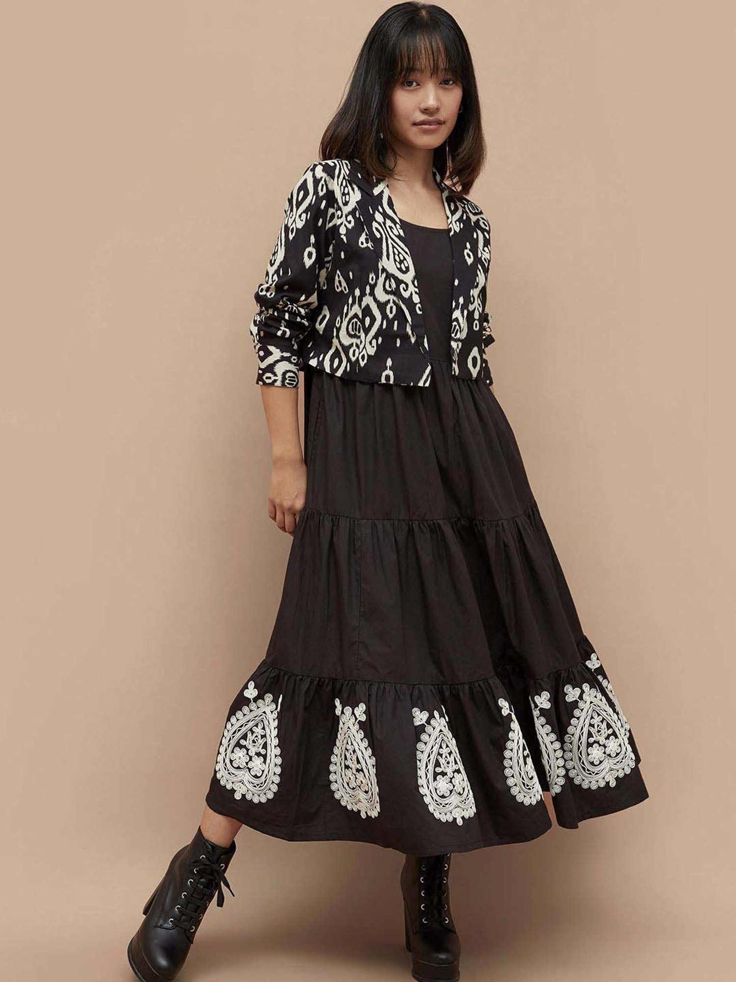 Colour Me by Melange Black Cotton Embroidered Maxi Dress With Jacket