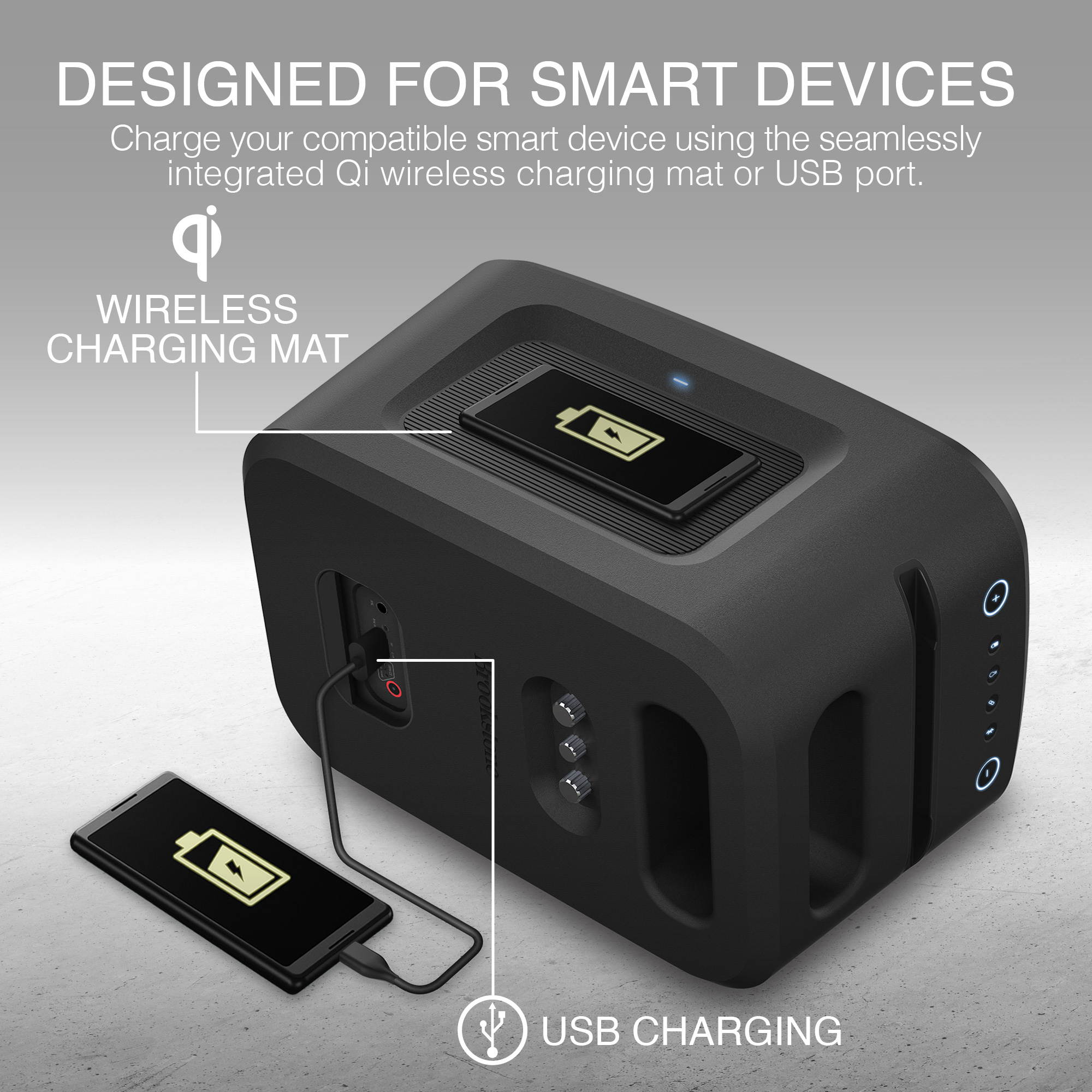 Brookstone Big Blue Go High Power Wireless Indoor/Outdoor Portable Speaker, Bluetooth, Built-in Qi Charging Pad, LED Party Lights, Karaoke Mic Input, High-Res Audio, Intense Bass, IPX5, Tap-to-Link