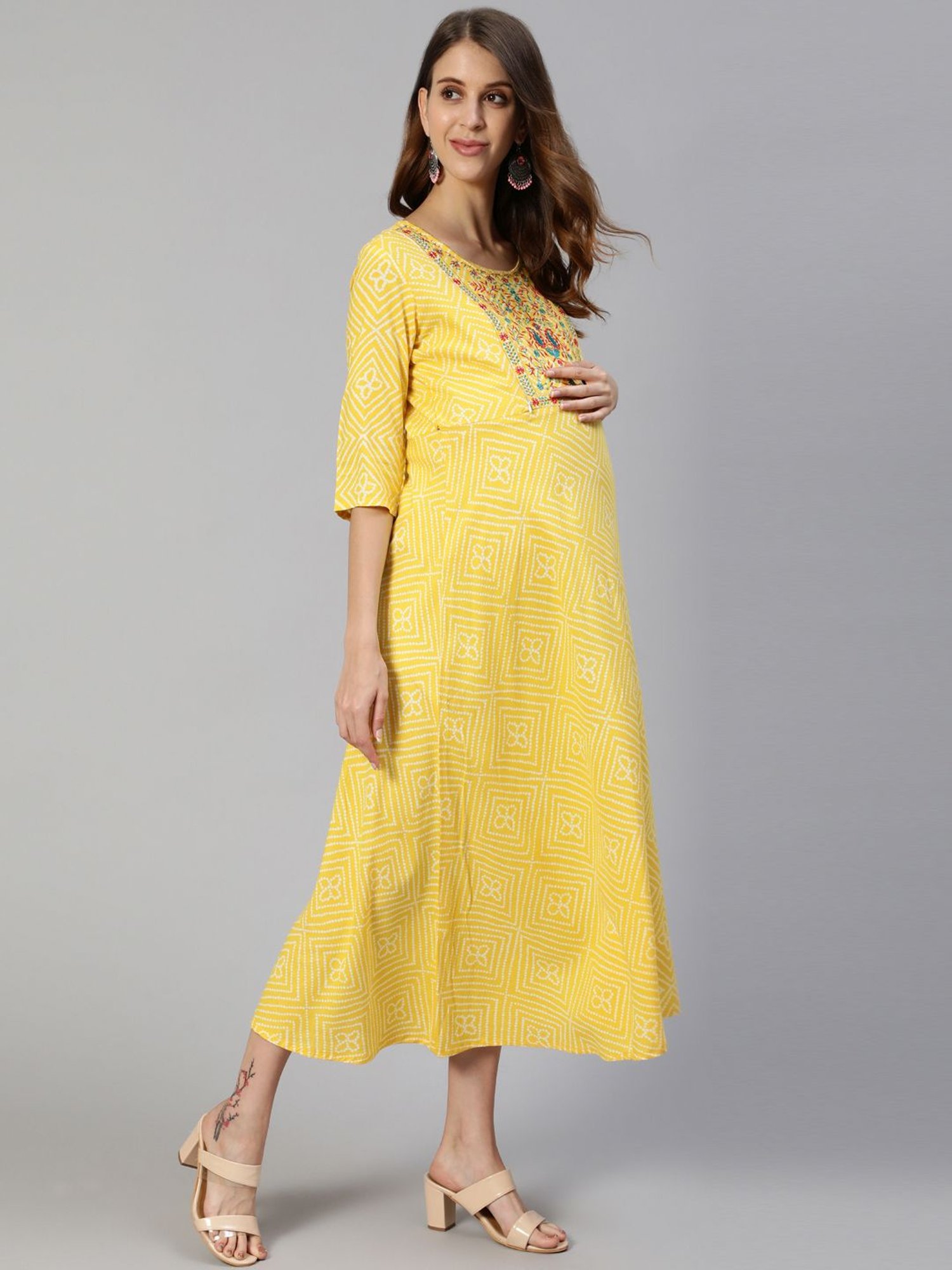 Anubhutee Yellow Cotton Embroidery Maternity Dress