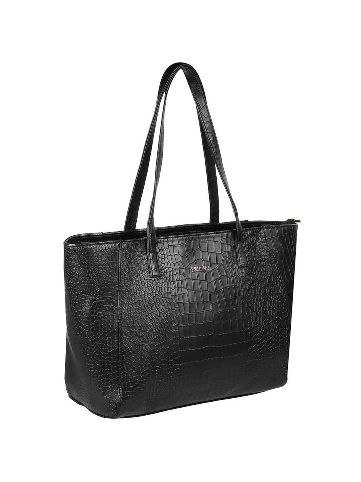 Walkway Black Synthetic Textured Tote Handbag