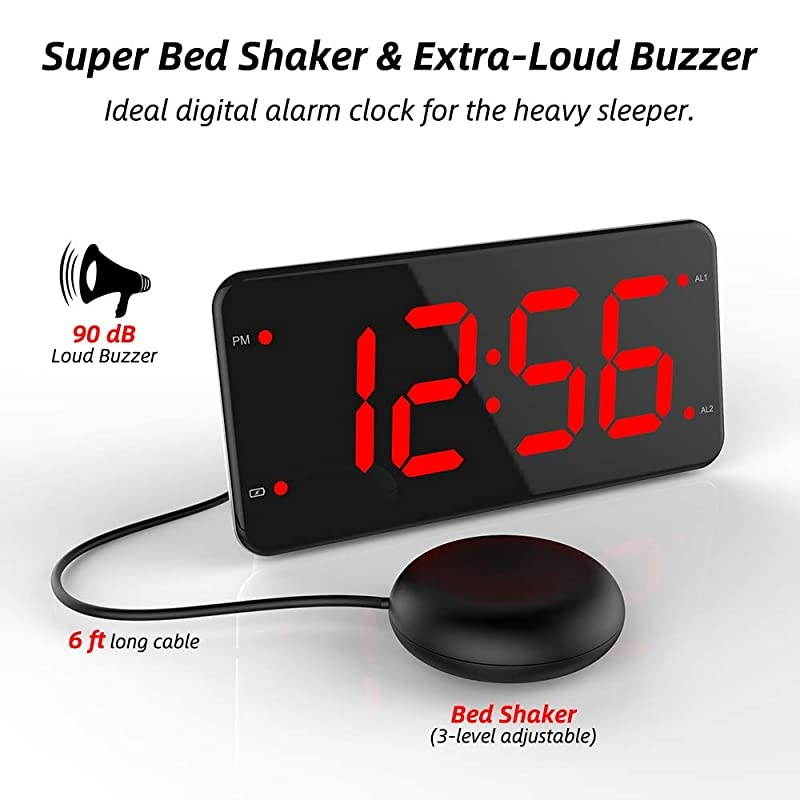 Loud Alarm Clock with Bed Shaker, Vibrating Alarm Clock for Heavy Sleepers, Deaf and Hard of Hearing, Dual Alarm Clock with USB Charger, 7-Inch Display, Full Range Dimmer, Battery Backup - Red