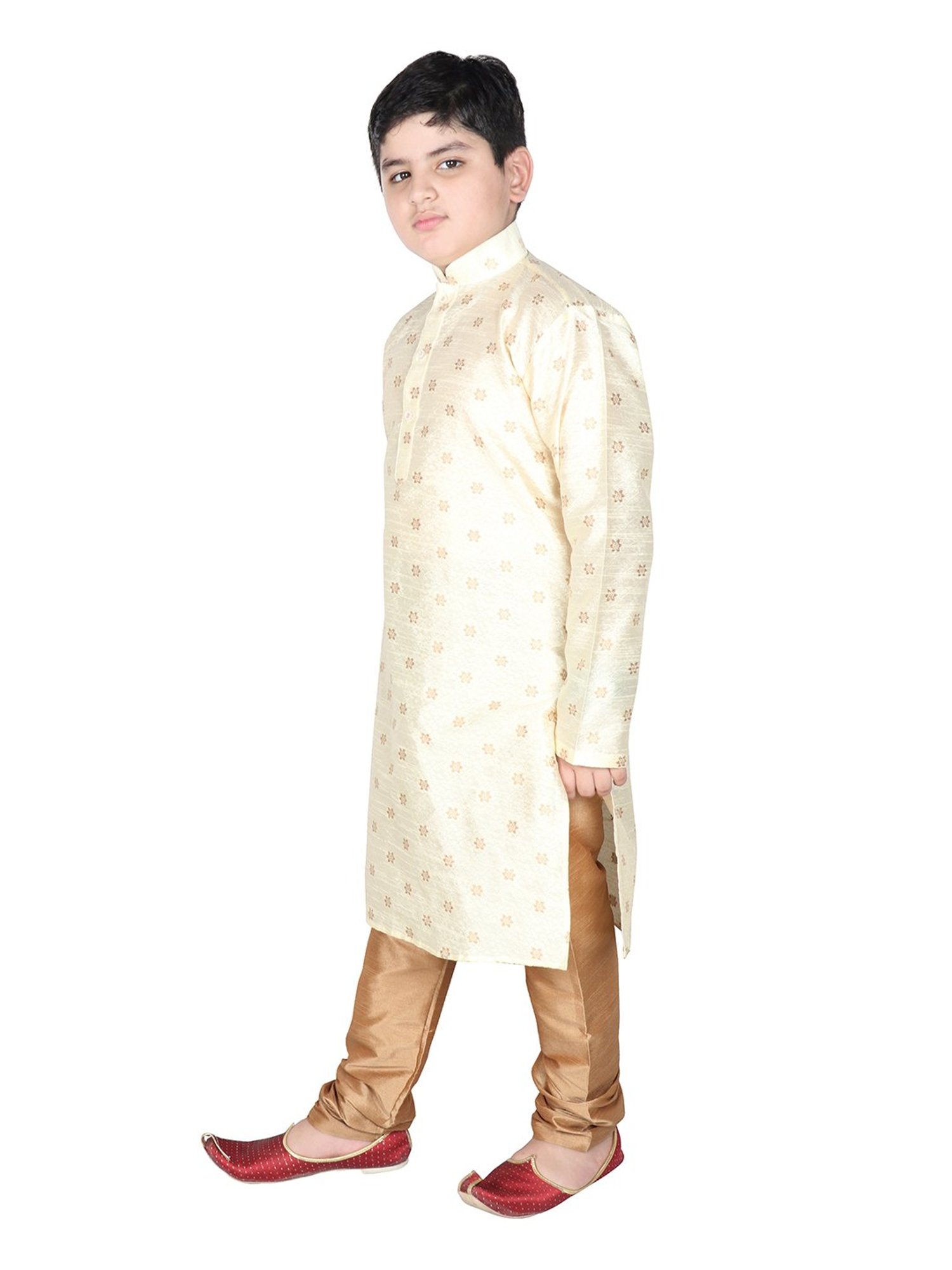 SG Yuvraj Kids Cream & Gold Embroidered Full Sleeves Kurta with Pyjamas