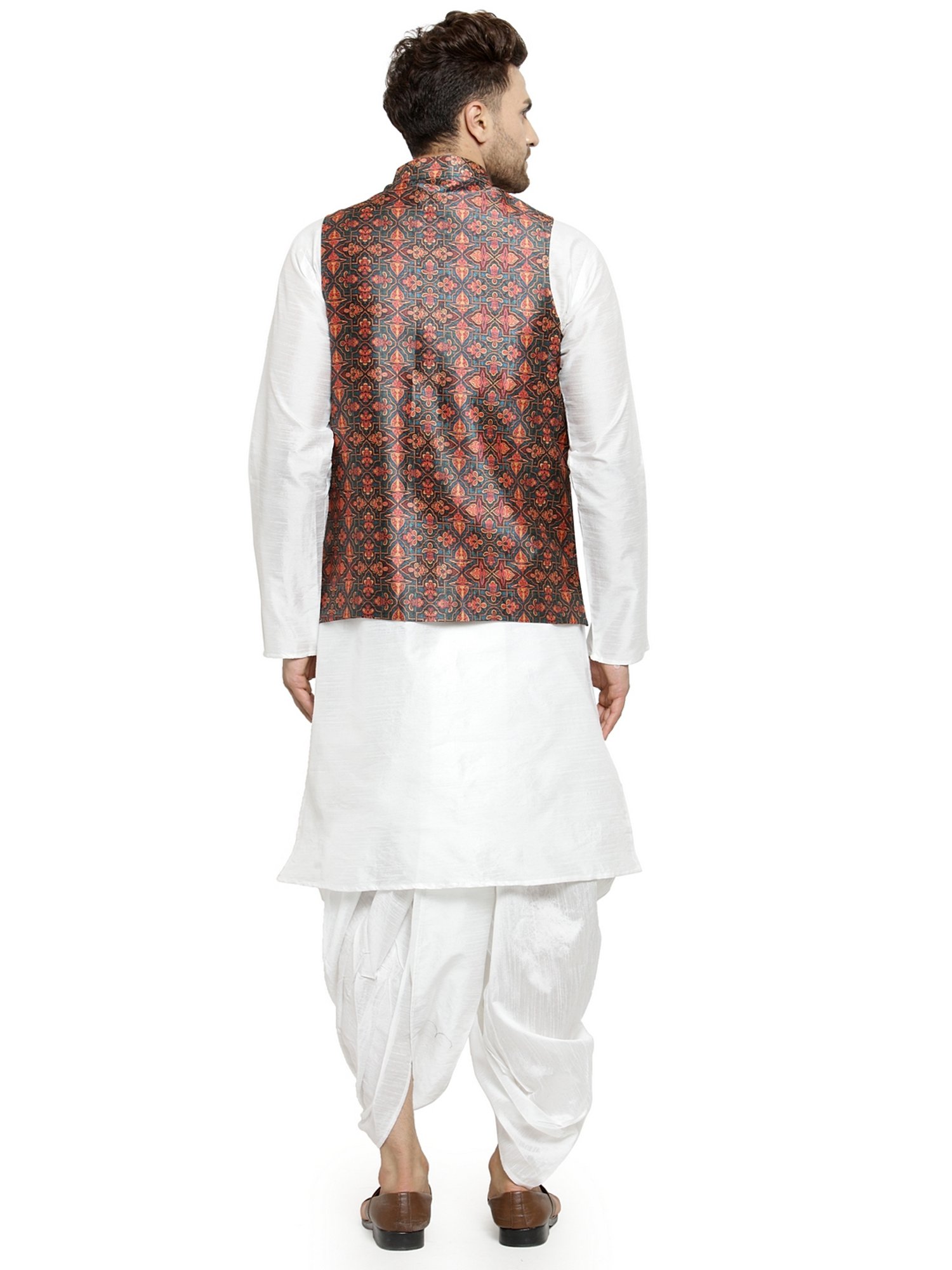 Benstoke White & Dark Green Regular Fit Paisley Kurta Set With Jacket
