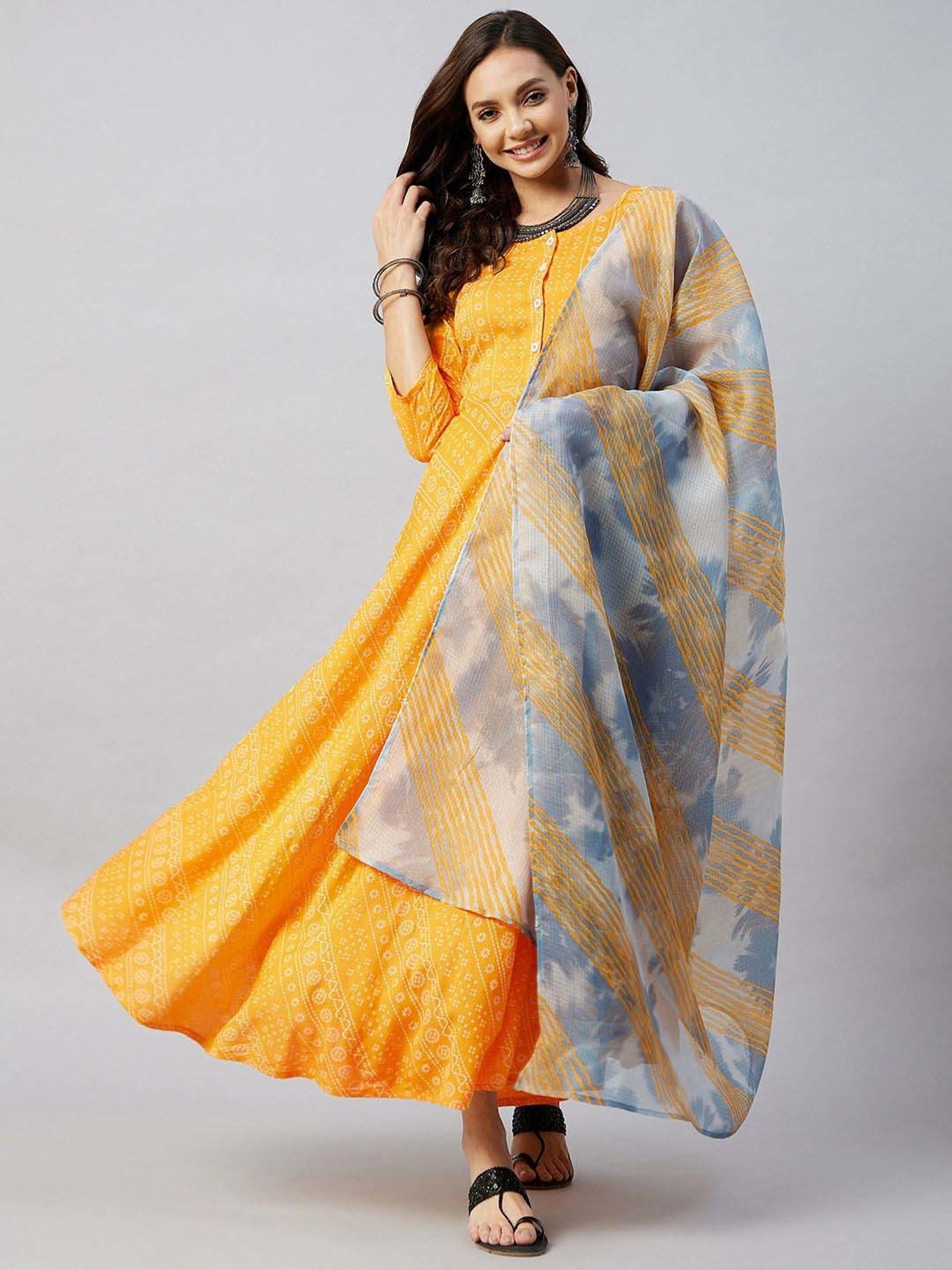 Inweave Grey & Yellow Cotton Printed Dupatta
