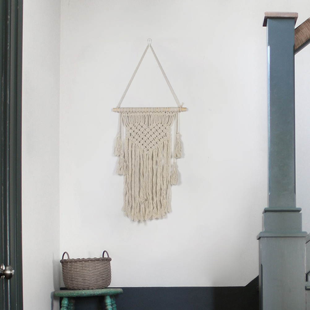 1pc Tassel Tapestry Wall Pendant Nordic Weaving DIY Handmade Bohemian Living Room Wedding Decoration Heart Pattern(Beige)