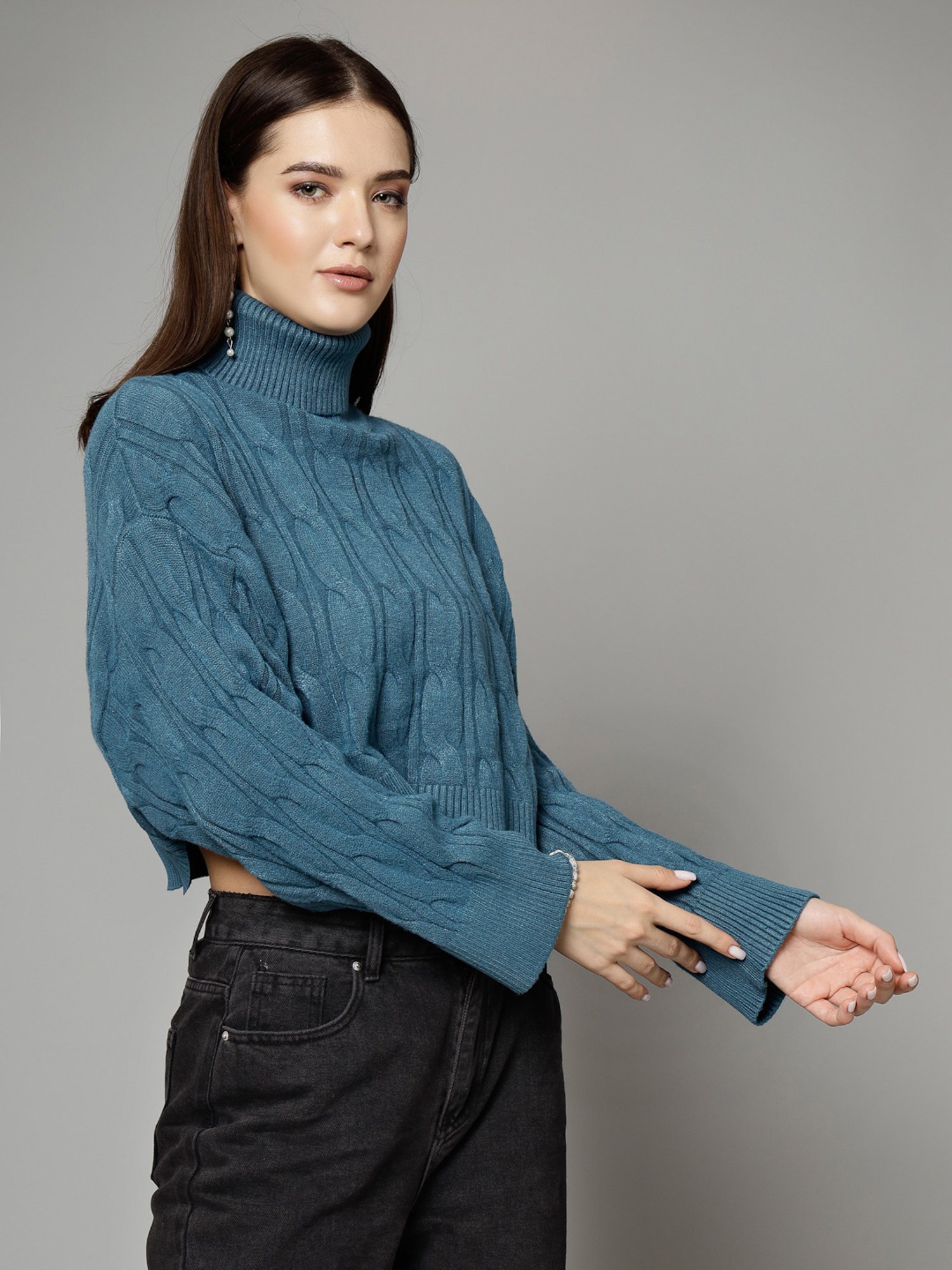 Mafadeny Teal Self Design Crop Sweater