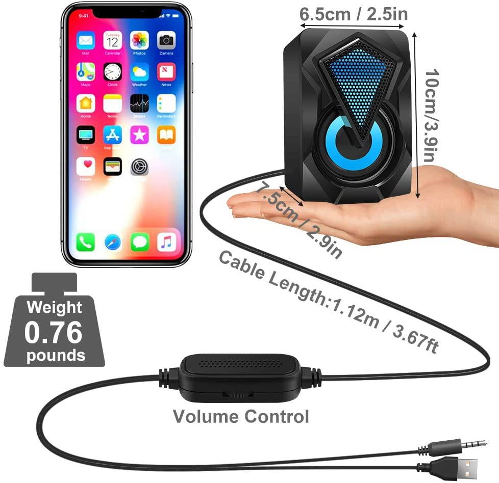 Computer Speakers X2 Wired PC Speaker 2.0 USB Gaming Powered Stereo Mini Multimedia Volume Control with RGB Lights 3.5mm Aux Input for Phone Tablets Desktop Laptop