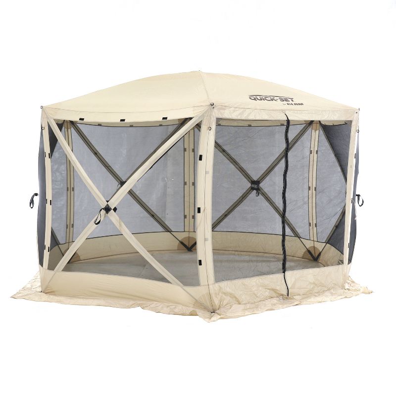 CLAM Quick-Set Escape 12 x 12 Foot Portable Pop-Up Outdoor Camping Gazebo Screen Tent 6 Sided Canopy Shelter with Ground Stakes & Carry Bag, Tan