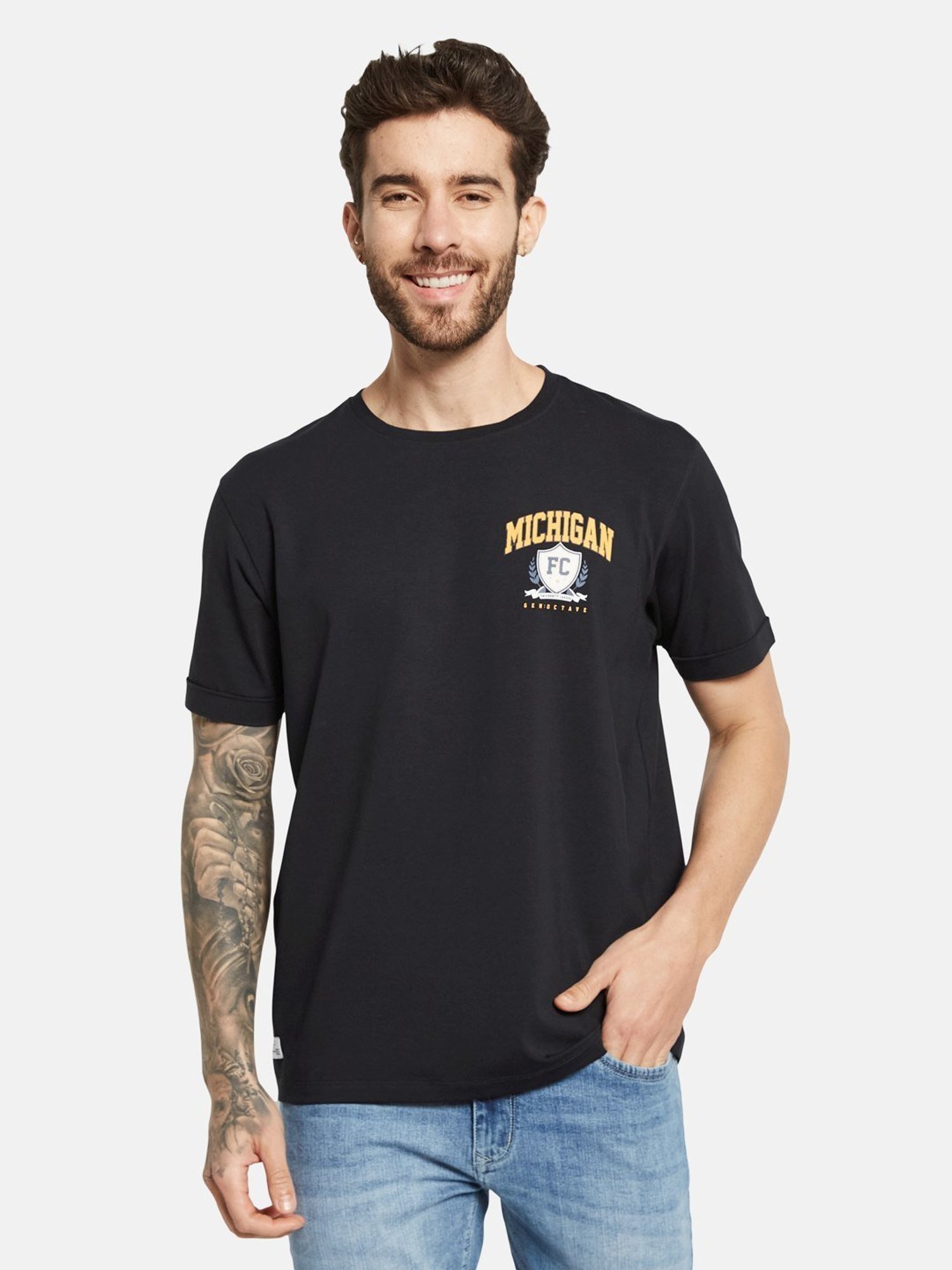 Octave Dark Navy Cotton Regular Fit Printed T-Shirt