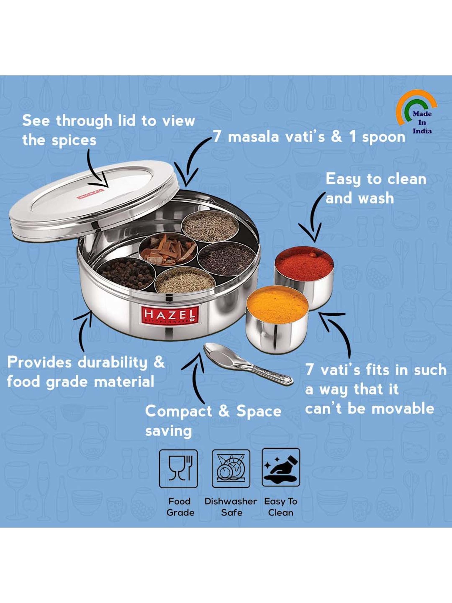 HAZEL Silver Stainless Steel See Through Masala Container Box With 7 Wati & Spoon (1.6 L)