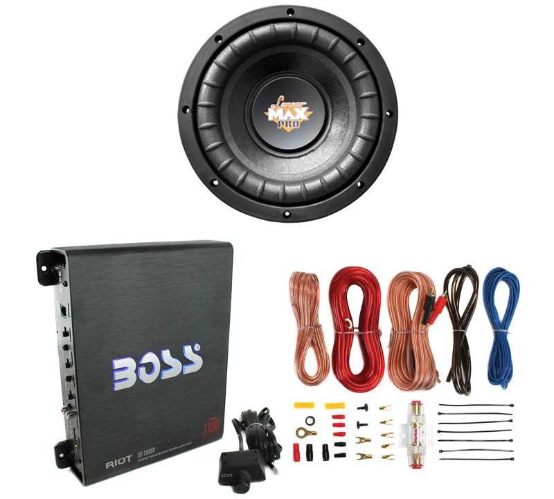 Lanzar MAXP84 8" 800W Power Car Subwoofer + Boss R1100M 1100W Mono Amp + Amp Kit