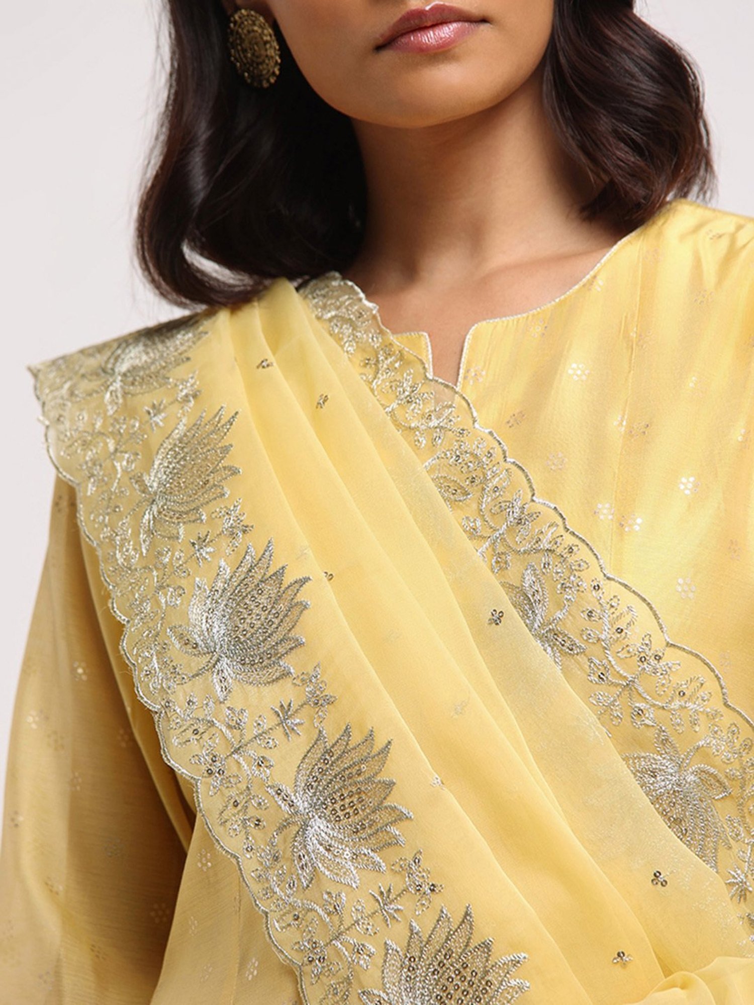 Vark by Westside Yellow Printed Kurti, Palazzos & Dupatta Set