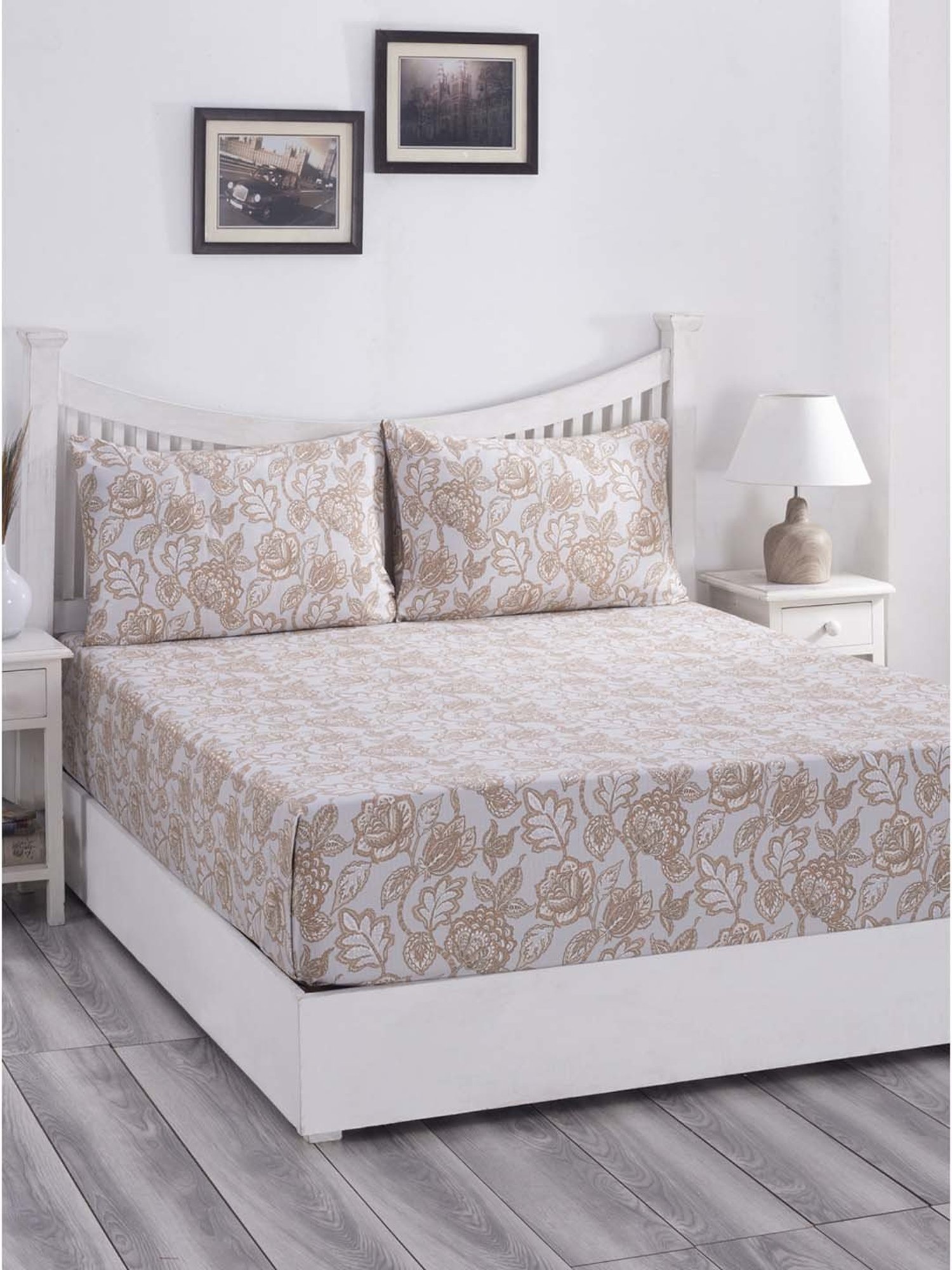 Maspar Hues PBS Nomad Scuplt Orlean Blue & Brown Cotton 210 TC King Bedsheet & 2 Pillow Covers