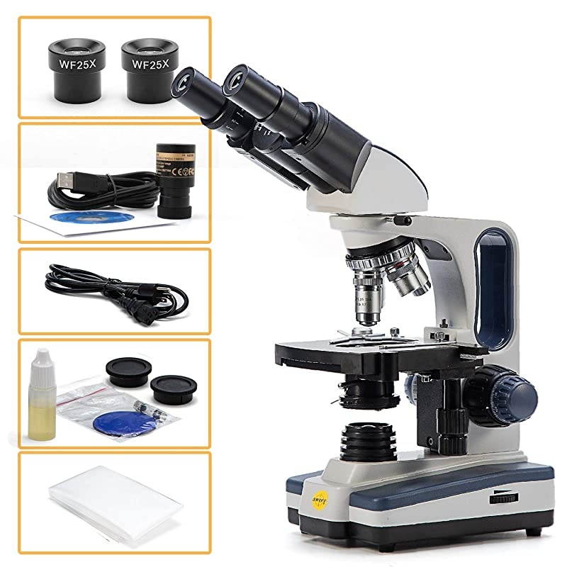 Binocular Compound Microscope SW350B, 40X-2500X Magnification,Siedentopf Head,Research-Grade,Two-Layer Mechanical Stage,1.3mp Camera and Software Windows and Mac Compatible